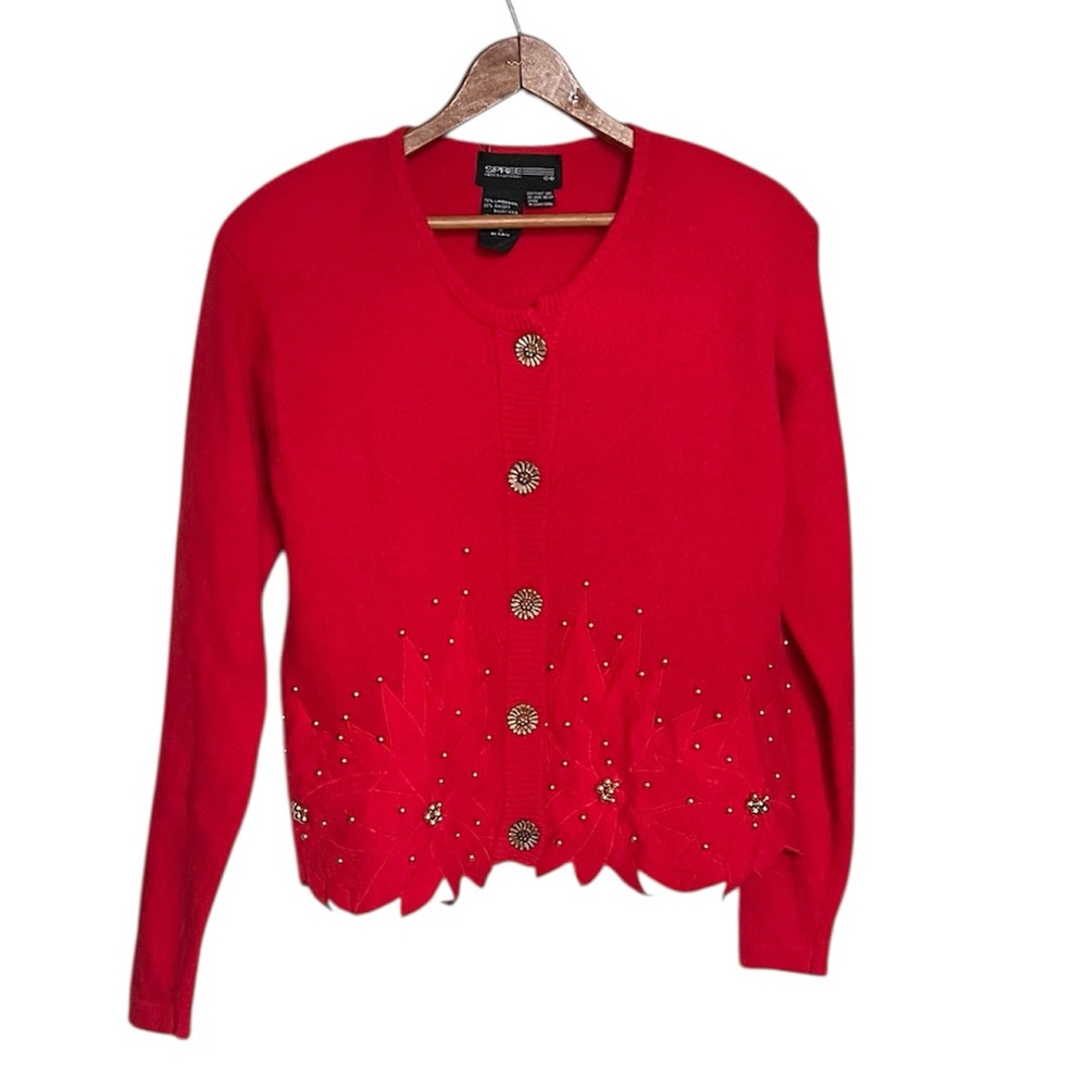 Vintage angora wool blend red poinsettia Christmas sweater cardigan medium